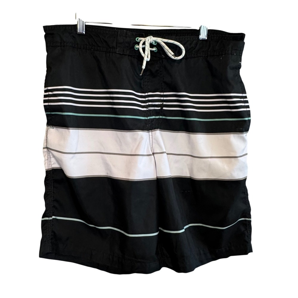 Goodfellow & Co‎ Mens Striped Swim Trunks Black White Teal Board Shorts Size L